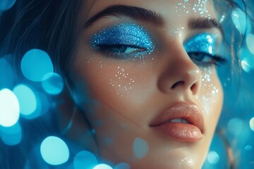 A woman showcases stunning blue sparkly makeup against a dreamy bokeh light background in a glamorous setting at night