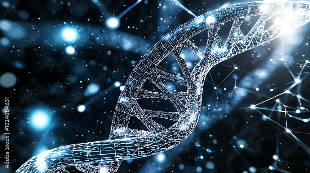 Poster 3d dna double helix structure with vibrant glowing particles in dark space.