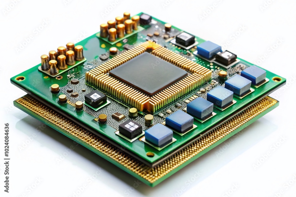 Poster Closeup of Embedded CPU Module with Integrated Chips and Connectors Isolated on White Background for Technology and