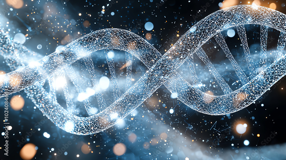 Poster 3d rendering of a glowing dna helix with light particles background.