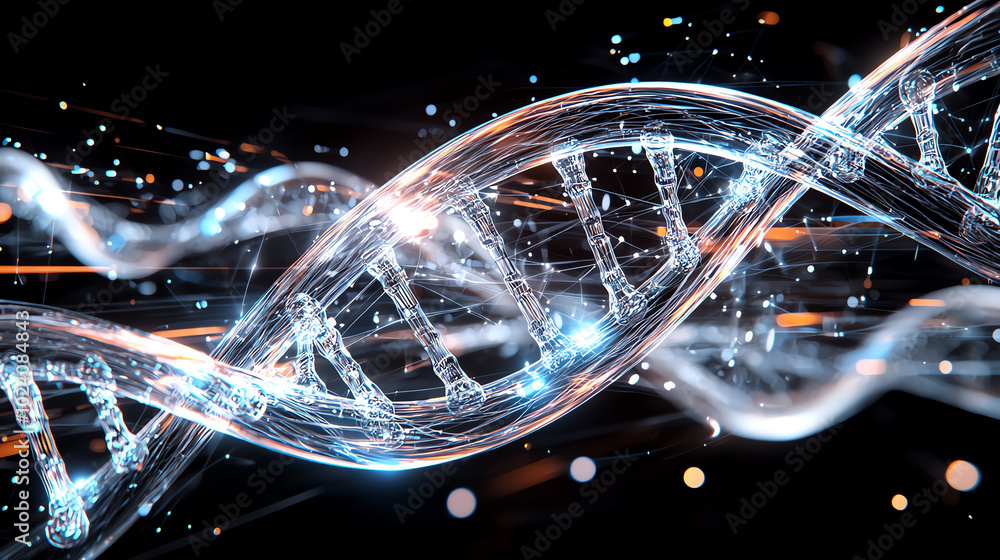 Aufkleber abstract representation of a dna helix with glowing elements and dynamic motion.
