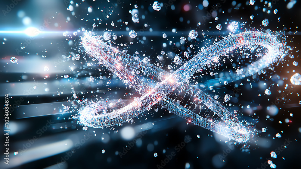 Poster abstract representation of digital particles and light trails on dark background.