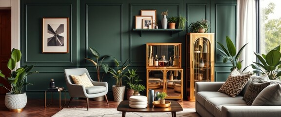 Luxury living room with armchair, liquor cabinet, and green wall paneling. AI generate.