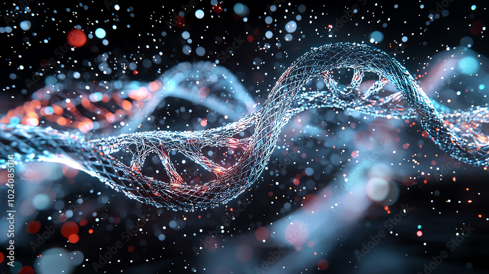 Poster abstract representation of dna structure with colorful particles and lights.