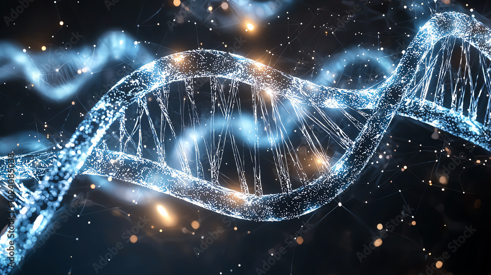 Poster abstract representation of dna structure with glowing particles on dark background.