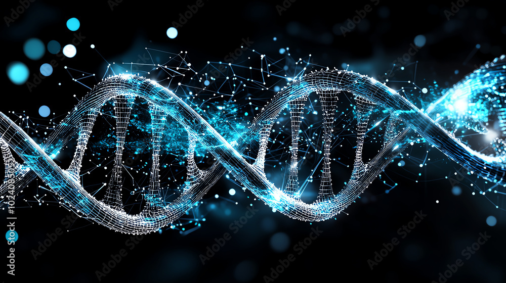 Aufkleber abstract representation of dna structure with glowing particles on dark background.