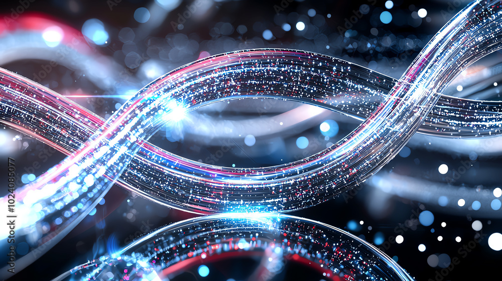 Poster Abstract technologic waves with glowing particles on dark background.