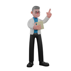 Professional Physicist 3D Art. A male physicist stands holding a notebook in his left hand and pointing upwards with his right hand. Male Geophysicist Character