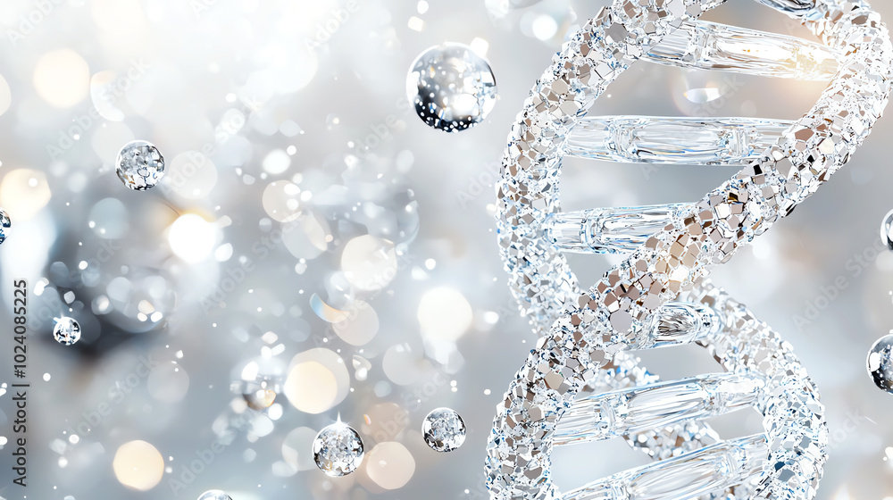 Poster dna structure with sparkling effect on a light background.