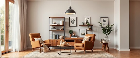 Modern retro living room with brown armchair, carpet, and bookcase. AI generate.