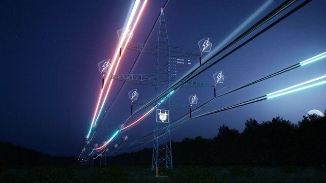 Visualization of fast moving energy travelling through power pole wires over night sky. AR data of interconnected electrical grid network delivering electricity to households, 3d render animation
