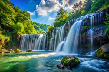 Fototapeta premium Close Up of Waterfall Water Curtain Flowing in Nature - Vital Source of Life and Serenity in the