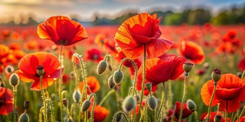 Close Up of Vibrant Wild Poppy Flowers in a Field with a Stunning Natural Red Background for Nature