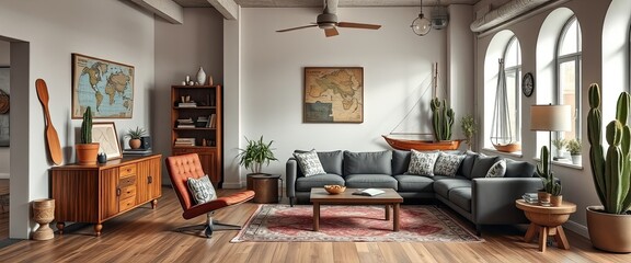 Open space with retro cabinet, plants, and ship-themed decor. Vintage home decor. AI generate.