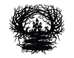 Obraz premium Creepy trees and a ghostly home vector EPS template