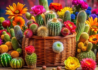 Fototapeta premium Colorful Cactus Arrangement in Wicker Basket with Blooming Flowers - Aerial View Photography