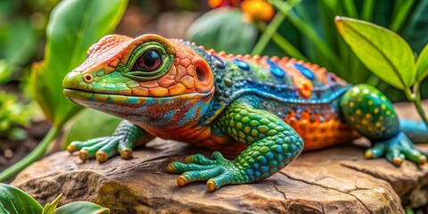 Obraz premium Colorful Ceramic Lizard Sculpture for Home Decor, Garden Art, and Unique Gifts - Vibrant Multicolored Design