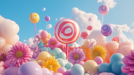 A Colorful Arrangement of Lollipops, Flowers, and Balloons Against a Blue Sky