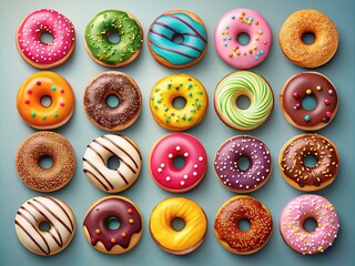 Colorful Donuts Collection - Various Types of Glazed and Chocolate Donuts for Cafe Menu and Promo Design Elements