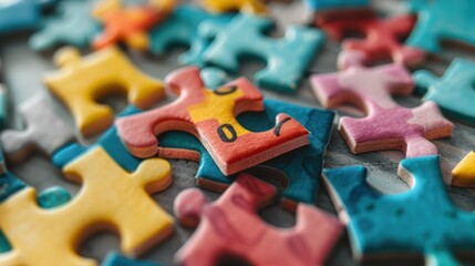 Illustrate puzzle pieces with educational symbols like numbers, letters, and shapes.