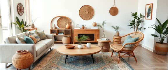 Boho living room with rattan armchair and sofa. AI generate.
