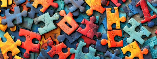 Illustrate puzzle pieces with educational symbols like numbers, letters, and shapes.