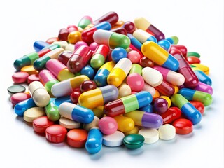 Colorful heap of medicine pills and capsules on a white background for health, pharmacy, and medical concepts