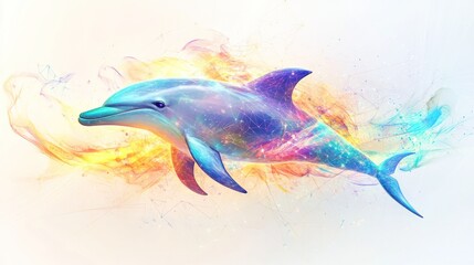 illustration of a quantum dolphin, depicted in vibrant colors that swirl and blend into each other,