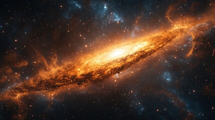 A vibrant, swirling galaxy with a bright core and a dust lane in a deep space setting with scattered stars.