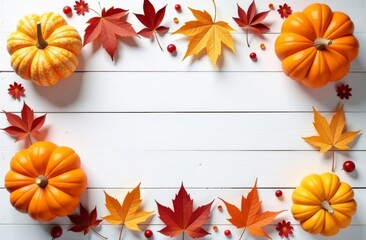 Colorful autumn arrangement featuring orange pumpkins and fall leaves on a rustic wooden background