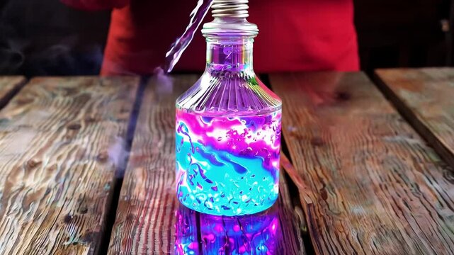 Magic purple & blue bottle of potion on table