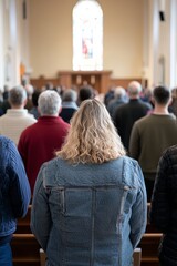 Obraz premium Church community practicing an evacuation drill during service, congregation members learning how to exit safel, Generative AI