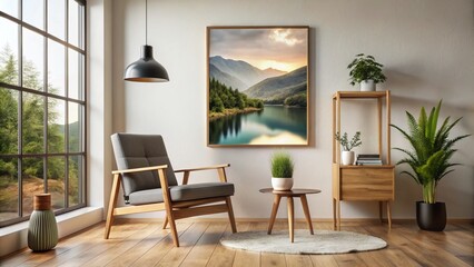 Fototapeta premium Contemporary living room featuring a sleek wooden chair and an empty black poster frame, perfect for adding a stylish touch to your home décor.