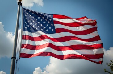 Obraz premium American flag waving proudly against a bright blue sky with fluffy clouds on a sunny day