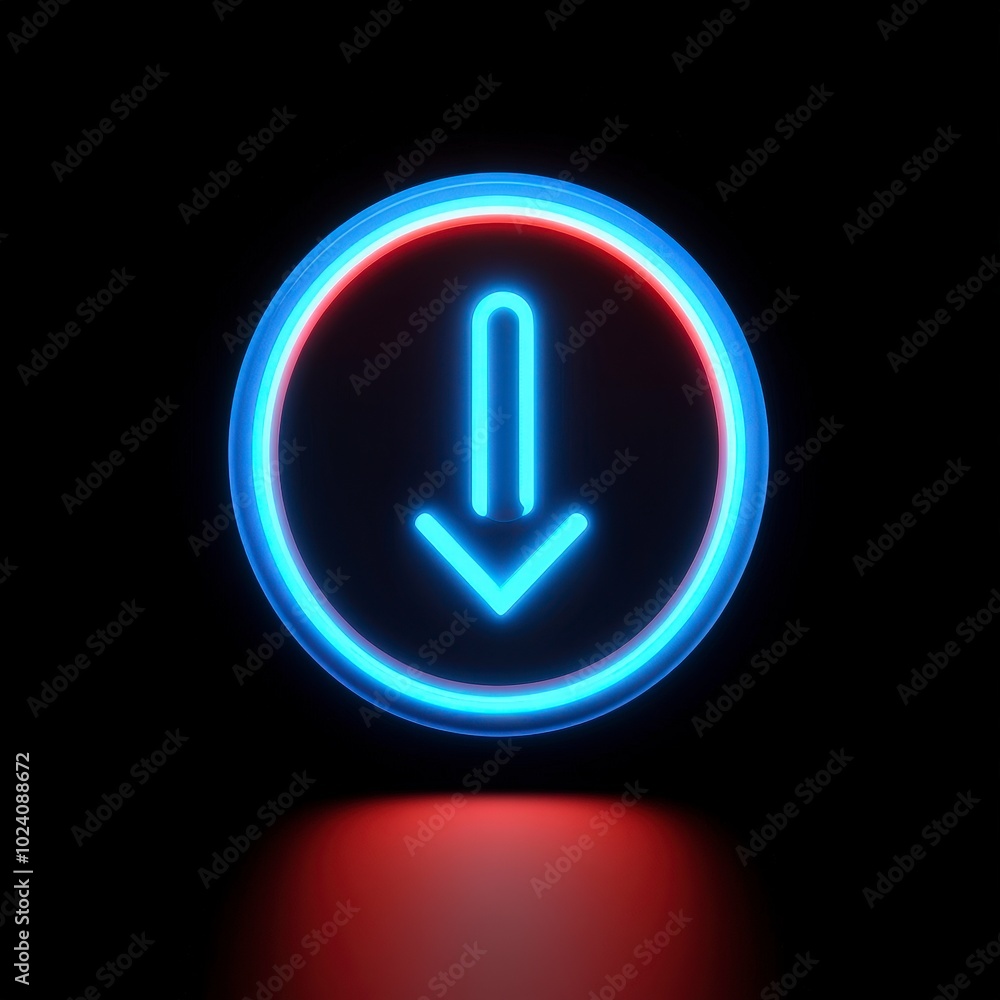 Aufkleber glowing neon arrow pointing down in circular frame on black background