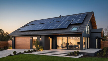 Naklejka premium solar panels installed on the roof of a modern home