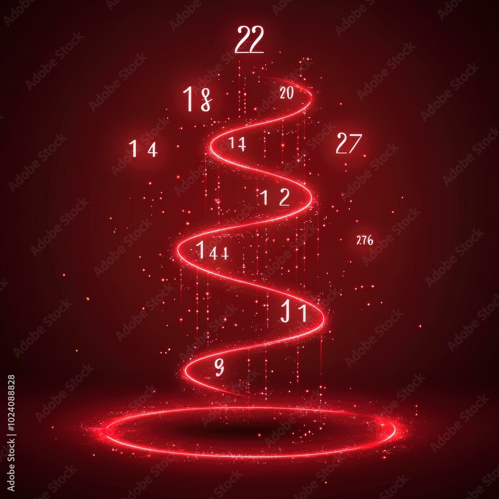 Poster abstract red spiral with glowing numerals and digital elements in motion