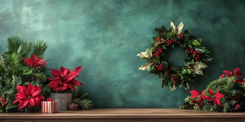 Rustic wooden desk with indoor plants and Christmas wreath, warm tones, vibrant green background, and room for message placement