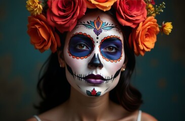 Woman with intricate skull makeup and floral crown celebrates Day of the Dead, showcasing vibrant artistic expression and cultural heritage