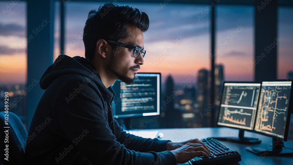 Poster a software engineer working on a futuristic computer writing a code in modern office environment