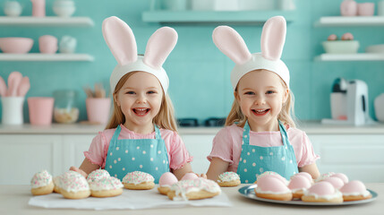 Two cheerful girls in bunny ears enjoy baking decorated cupcakes in a bright kitchen filled with pastel colors. The joyful atmosphere highlights the fun of cooking together.