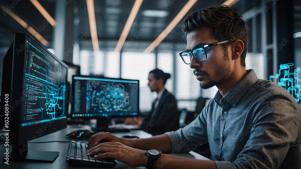 Poster a software engineer working on a futuristic computer writing a code in modern office environment