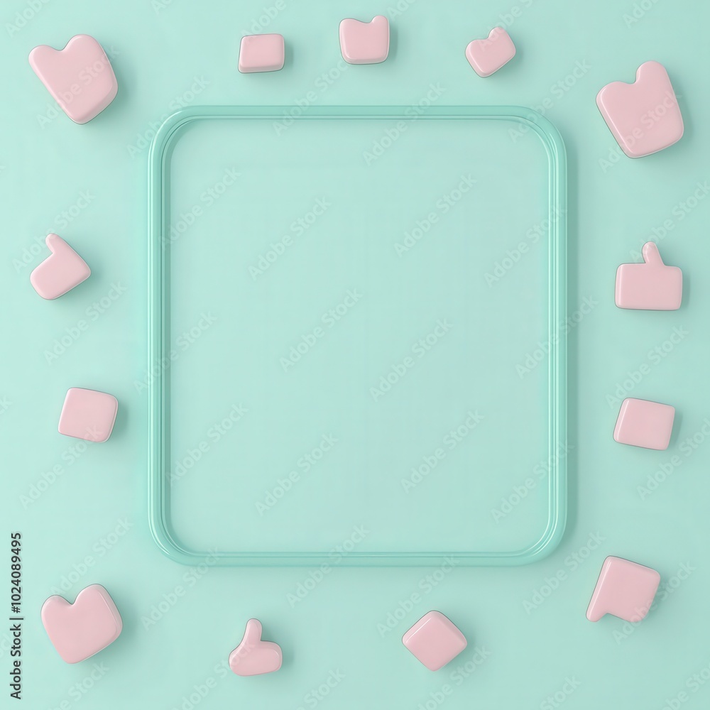 Poster pastel green abstract frame with floating pink shapes on a background