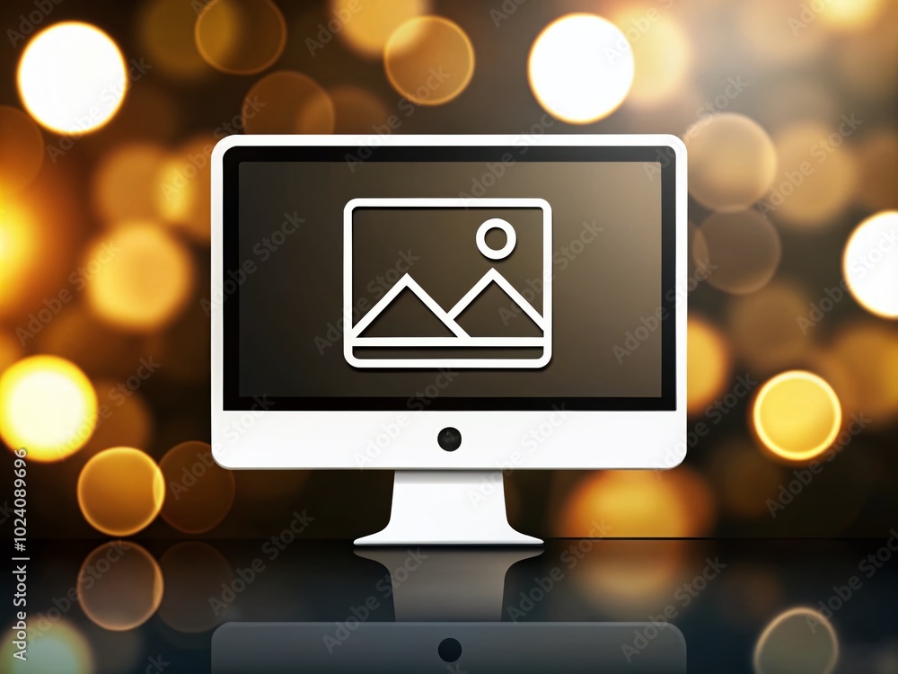 Poster create a sleek, minimalist desktop computer icon featuring a tilt-shift effect, ideal for web and mo