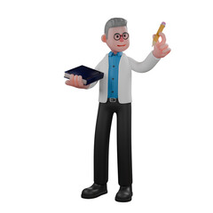 Male Physics Artist 3D Model. A male physicist stands holding a blue book in his left hand and a pencil in his right hand. Physicist Cartoon