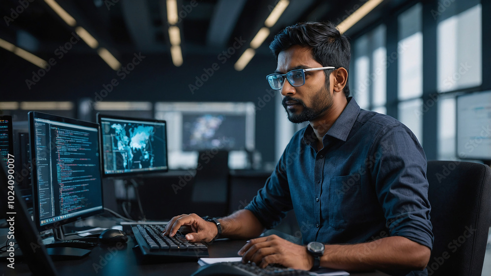 Poster an indian software engineer working on a futuristic computer writing a code in modern office environ