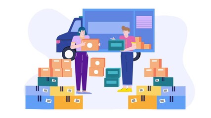colleagues organizing and loading boxes into a delivery truck illustration animated video