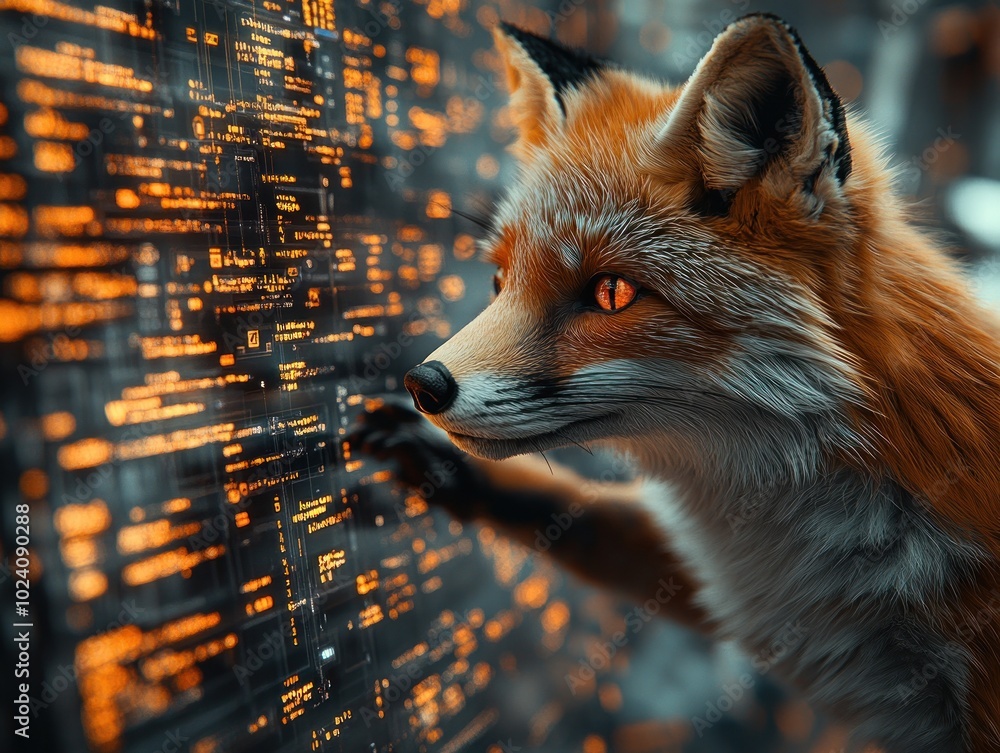 Aufkleber a red fox with glowing eyes looks curiously at a glowing screen with lines of code.