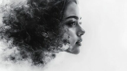 A woman's face is partially obscured by clouds, creating a surreal and ethereal image.