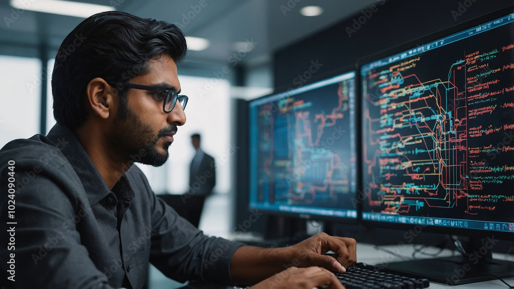 Poster an indian software engineer working on a futuristic computer writing a code in modern office environ